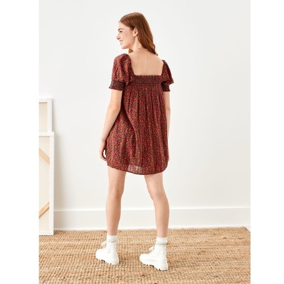 AE American Eagle Floral Babydoll Dress Puff Sleeves Honeycomb Embroidery - Picture 2 of 15